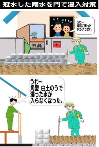 水害対策で角型土のうの止水壁を門に設置して泥酔をせき止める