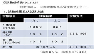 角型土のう袋UV黒PEの引張強度・伸び率・密度・材質の試験成績表