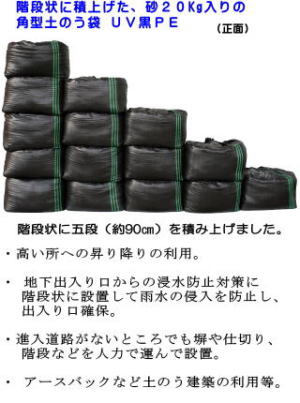 土のう袋（土嚢袋）　角型土のう袋ＵＶ黒ＰＥ　階段状に積んだ状態　