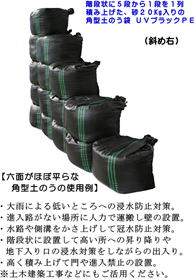 階段状に積む・大雨時の浸水対策・密着した角型土のうの階段積み・角型土のう袋ＵＶ黒ＰＥ水害時の浸水防止対策・土木用品